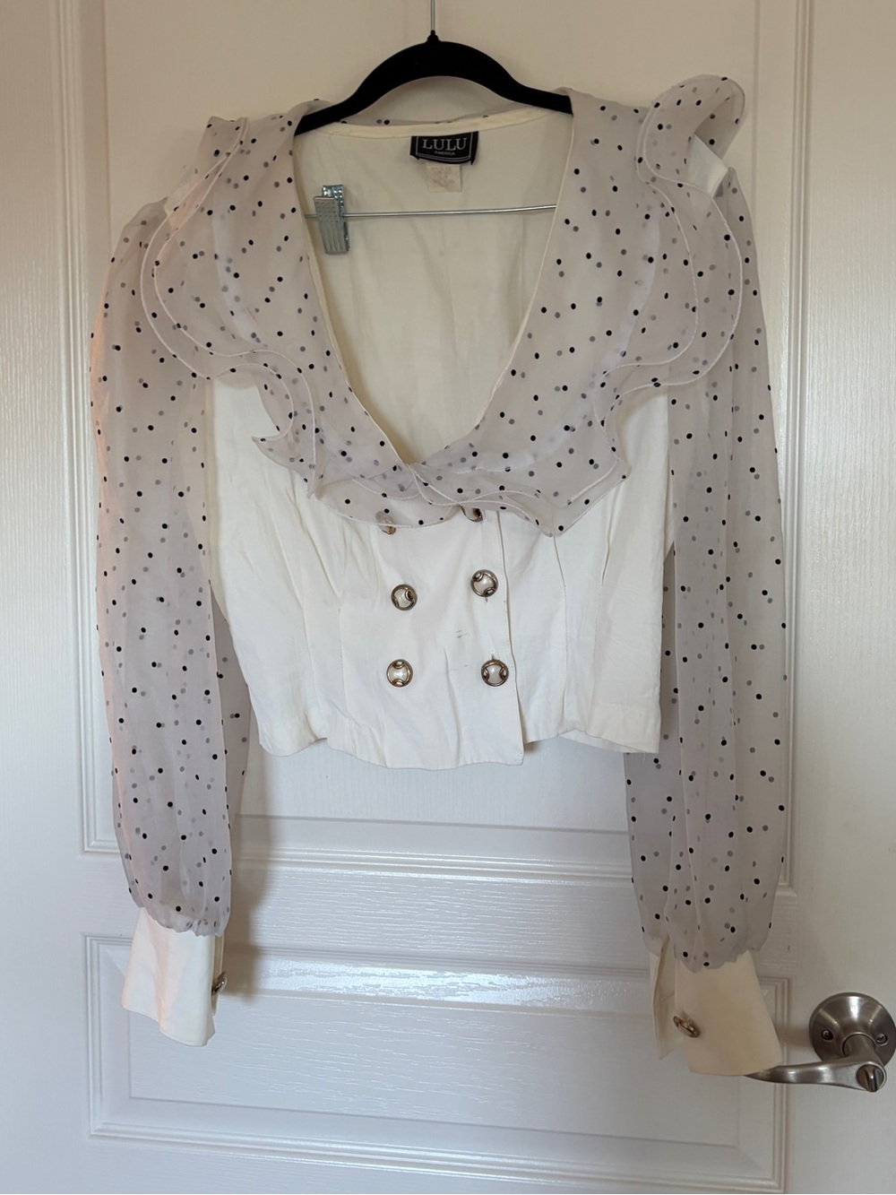 Vintage cream blouse with black polka dotted ruffled collar